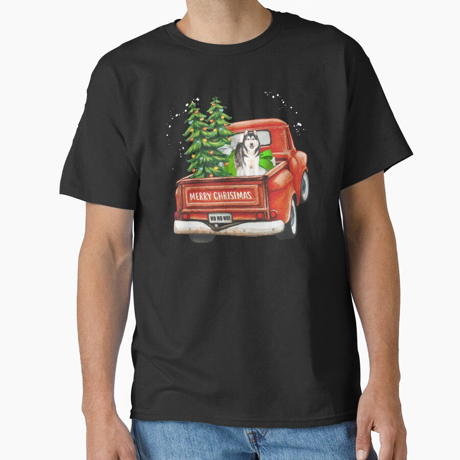 Vintage Red Merry Christmas Truck with Husky Dog by michellejustice