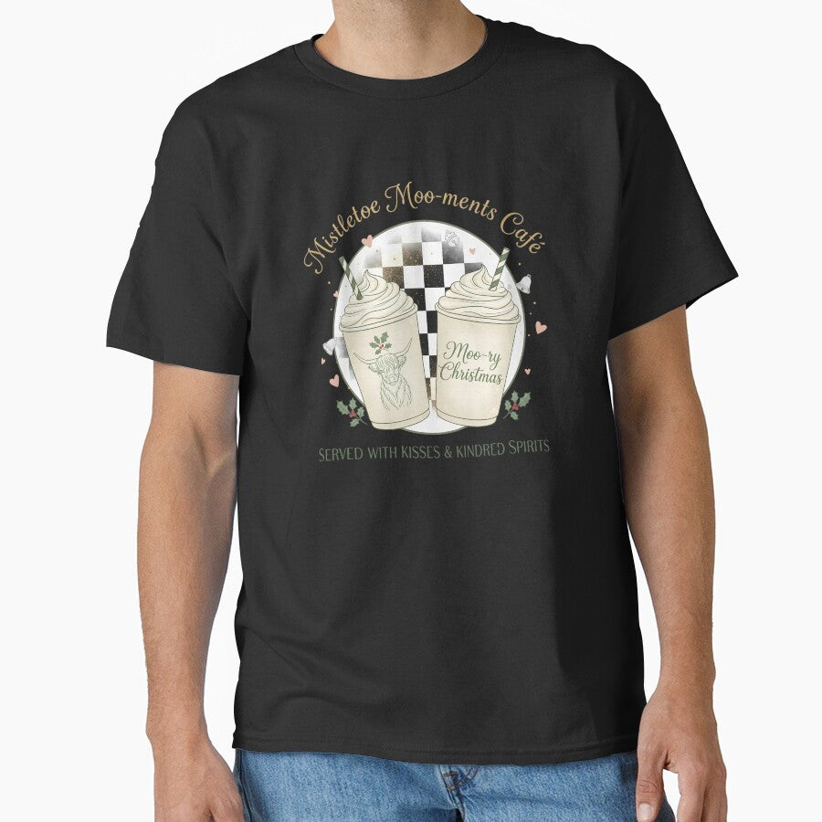 Mistletoe Moo-ments Café T-Shirt - Cute Highland Cow Christmas Coffee Lover Tee by justyna-s28