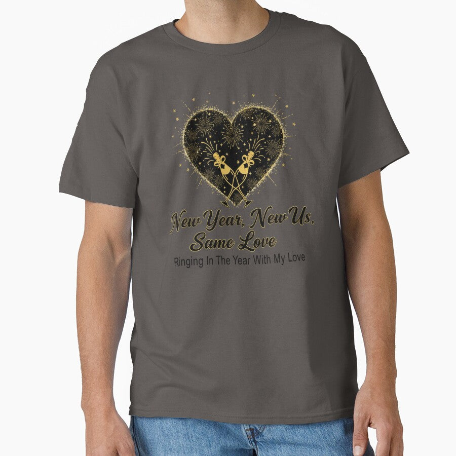 New Year, New Us, Same Love: Gold Champagne Heart Celebration T-Shirt & Holiday Sticker by MonaRose_Art