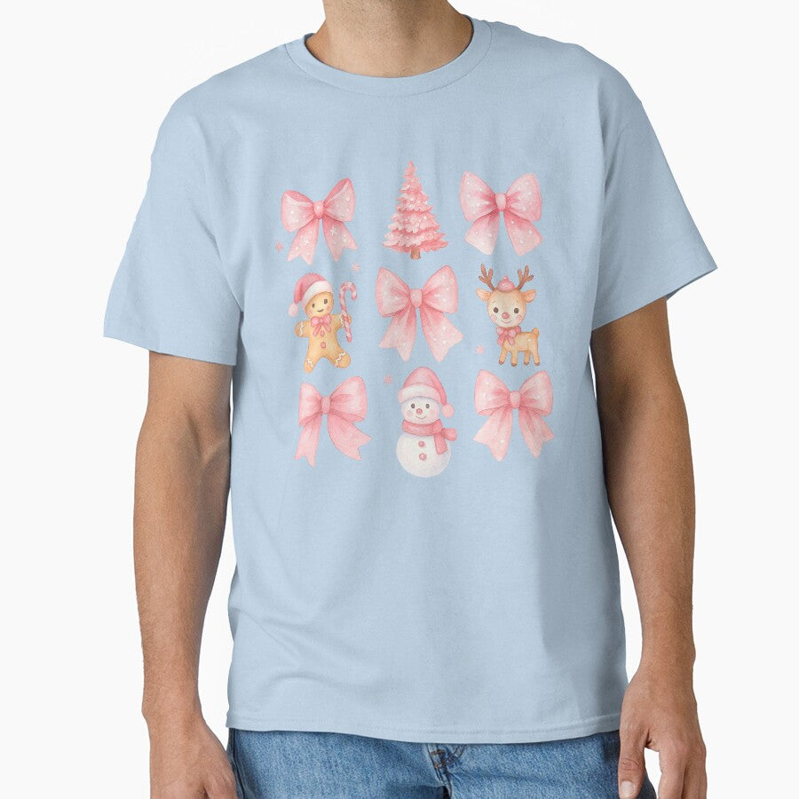 Pink Christmas Cute Illustration with Bows Reindeer Snowman by ArtfulWeave