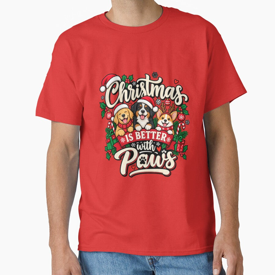 Christmas Is Better With Paws | Cute Christmas Dogs Santa Hat Holiday Shirt by Craftev