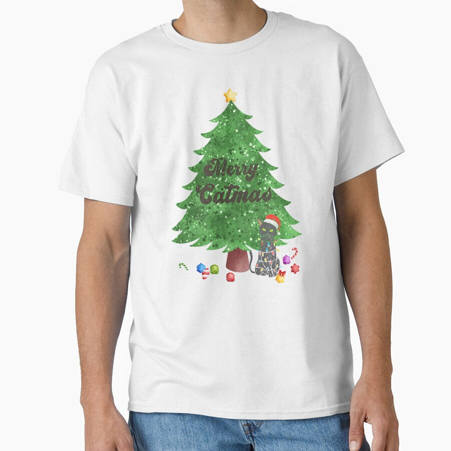 Merry Catmas Christmas Cat tangled in lights by BeansHotTees