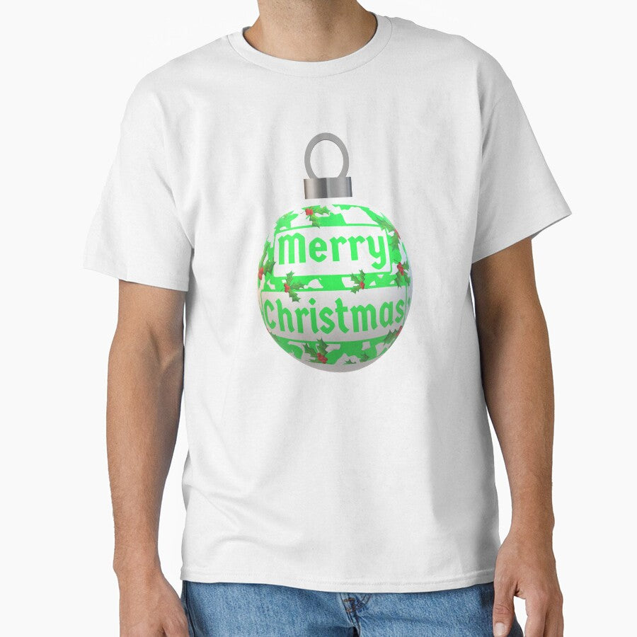 Christmas Ornament with Merry Christmas, Green and White Peppermint and Red Holly Berries (Winter White Background) by ArtByLM