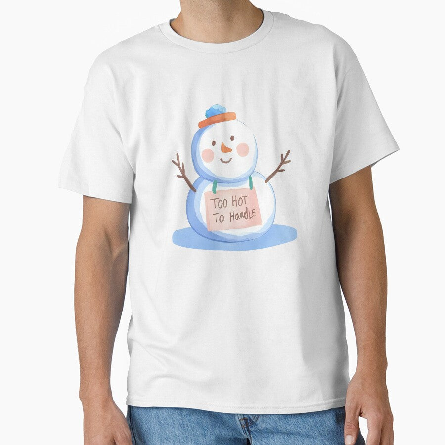 A melting snowman with a silly face and a sign that says “Too Hot To Handle”, cute and funny sticker, cartoon style, transparent background, bold outline by Palmate-m