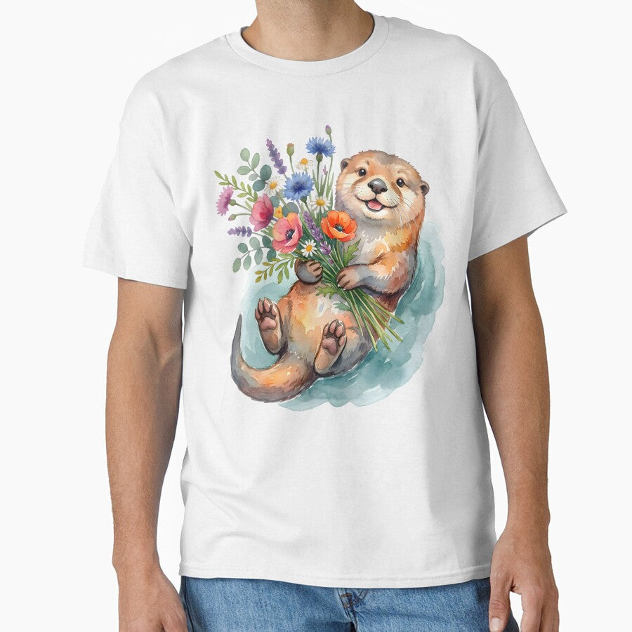 Joyful Watercolor Otter Holding a Bouquet of Wildflowers by Discount code