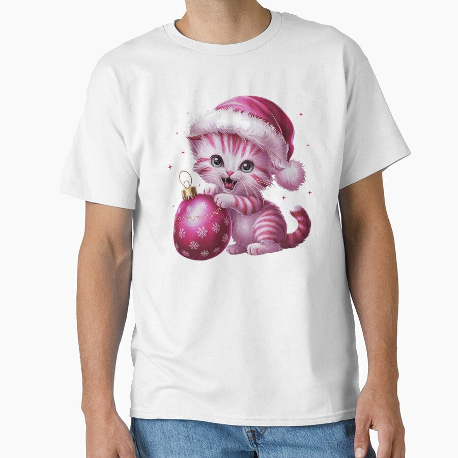 Pink Christmas Kitty Playing With Ornament | White by PinkGoddessLove