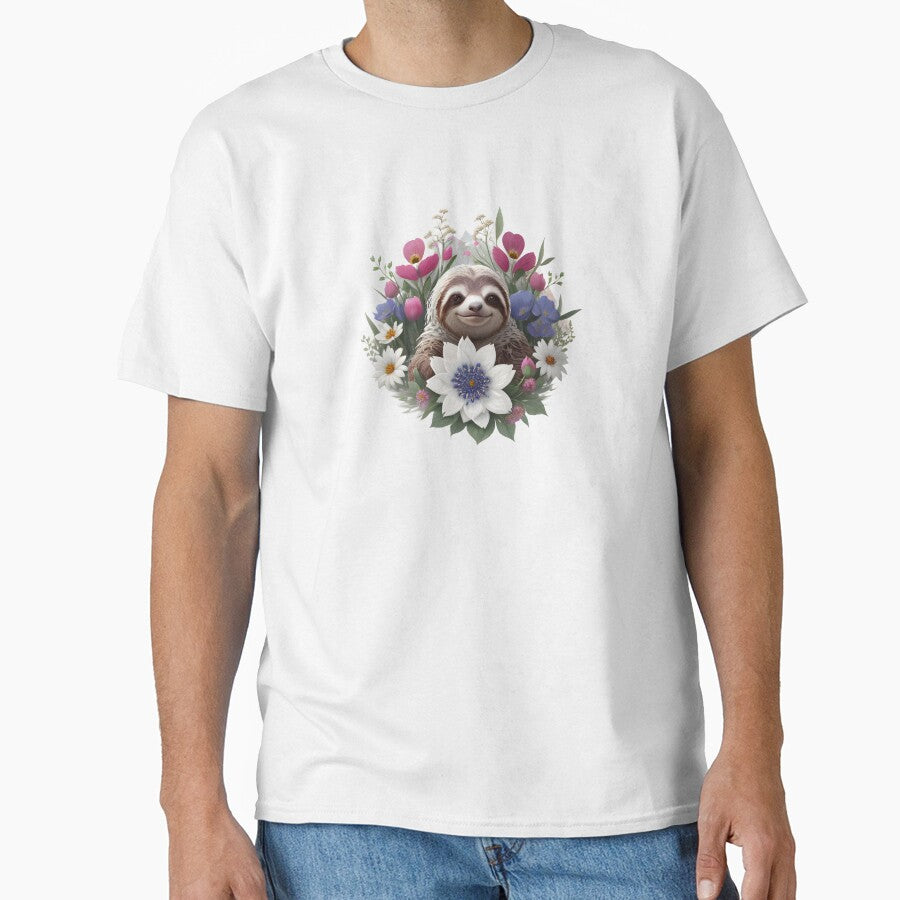 Smiling Sloth Surrounded by Flowers by hyggefolkart