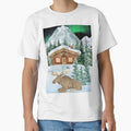 Scandinavian Log Cabin & Moose Under Northern Lights | Cozy Nordic Winter Snow Landscape Design by PureHopeStudio