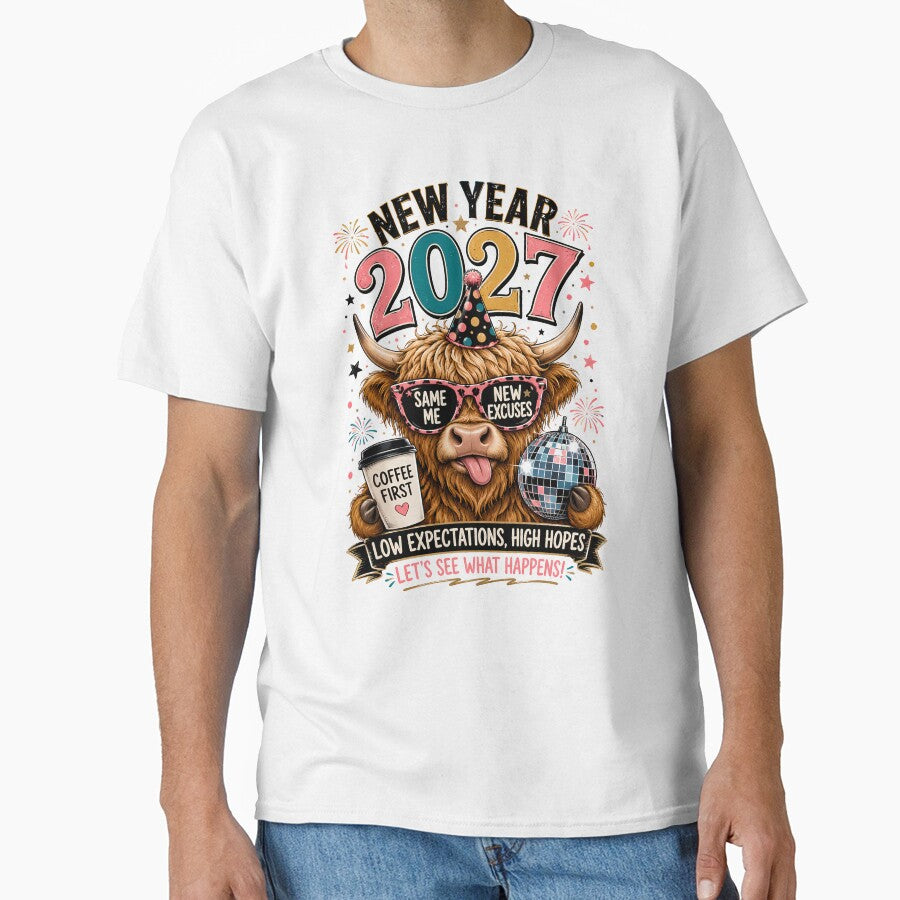 Funny New Year 2027 Highland Cow Coffee First Party by madebymayberry