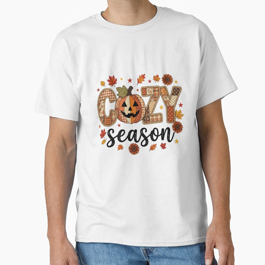 Cozy Season Patchwork Pumpkin Fall Autumn Leaves Retro Typography Graphic by raedattia