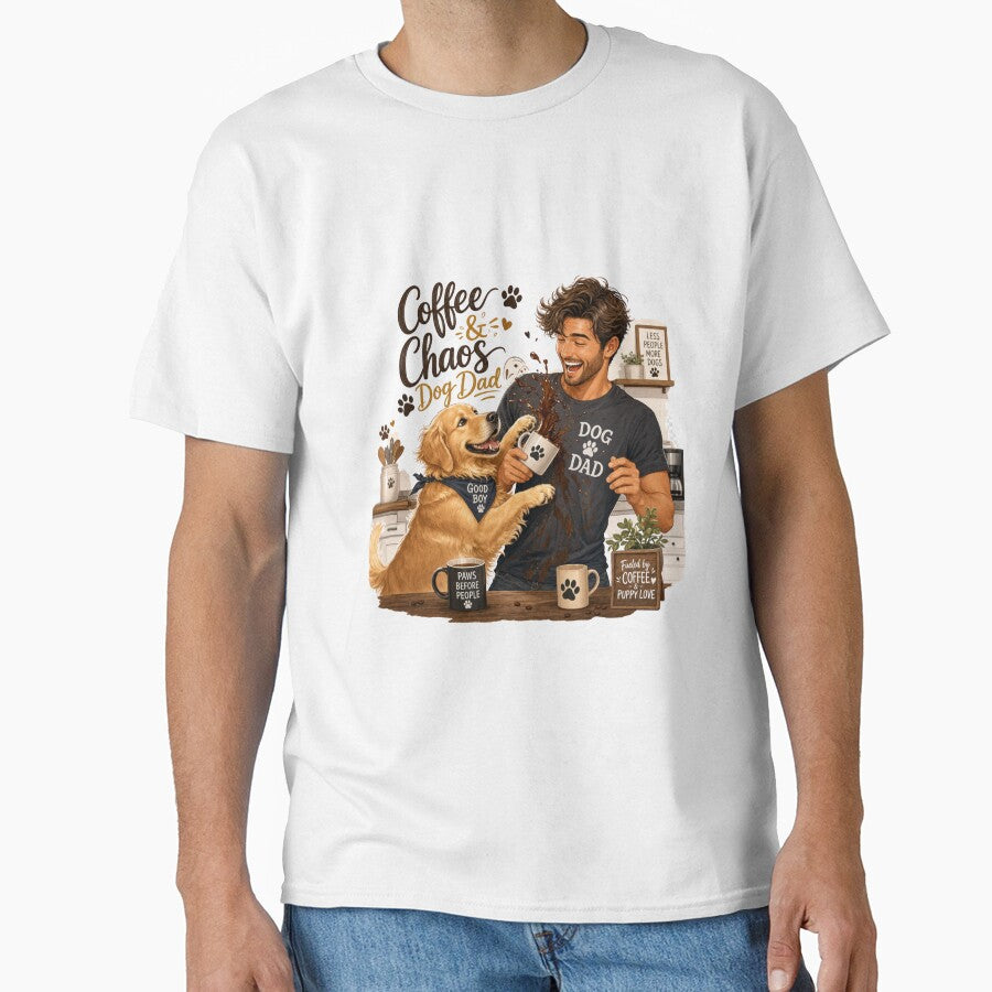 Coffee & Chaos Golden Retriever Dog Dad Kawaii T-Shirt Sticker by Ashley critters