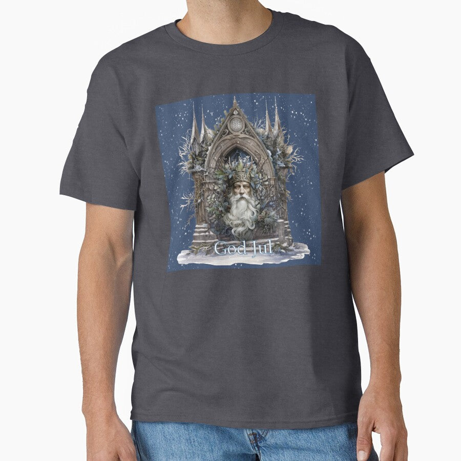 Blue snowy Nordic (God Jul) Father Christmas in Gothic Archway by Uexpressme