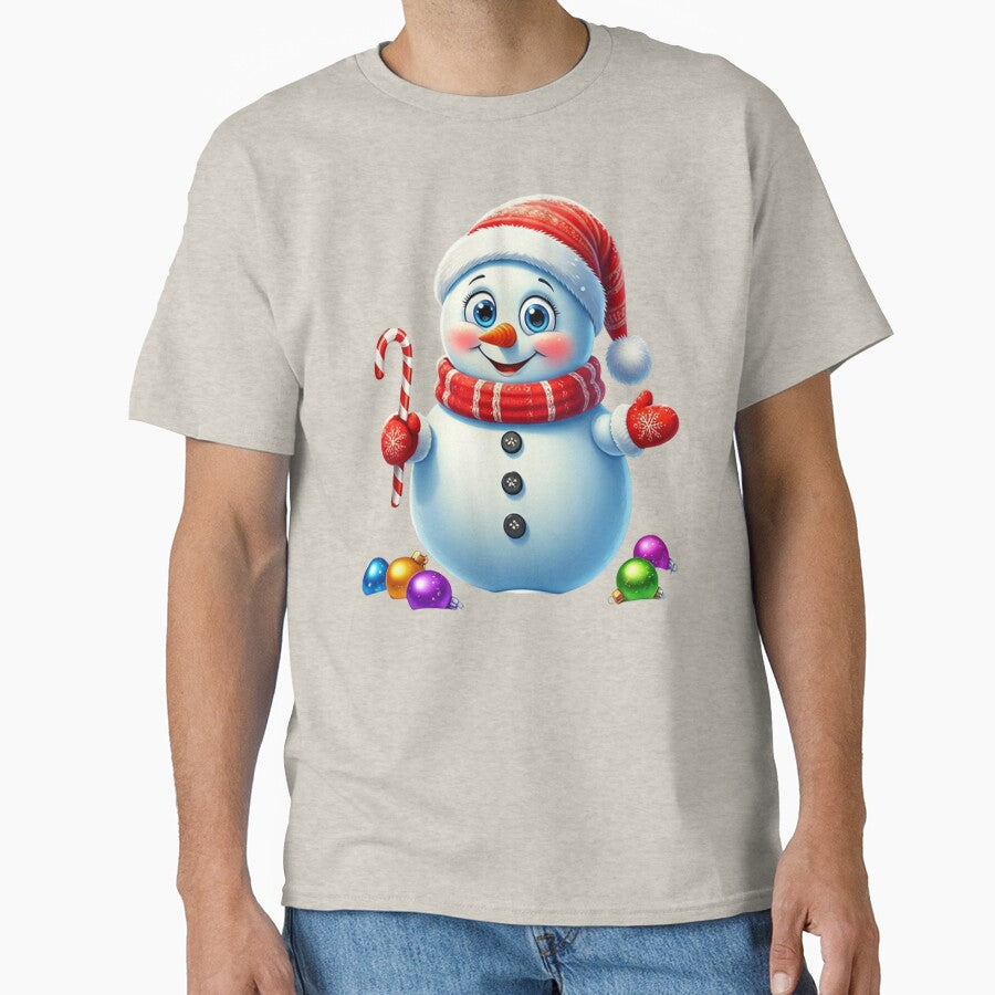Cute Smiling Snowman with Candy Cane and Santa Hat – Festive Winter Holiday Cartoon Art by PixelVibe782