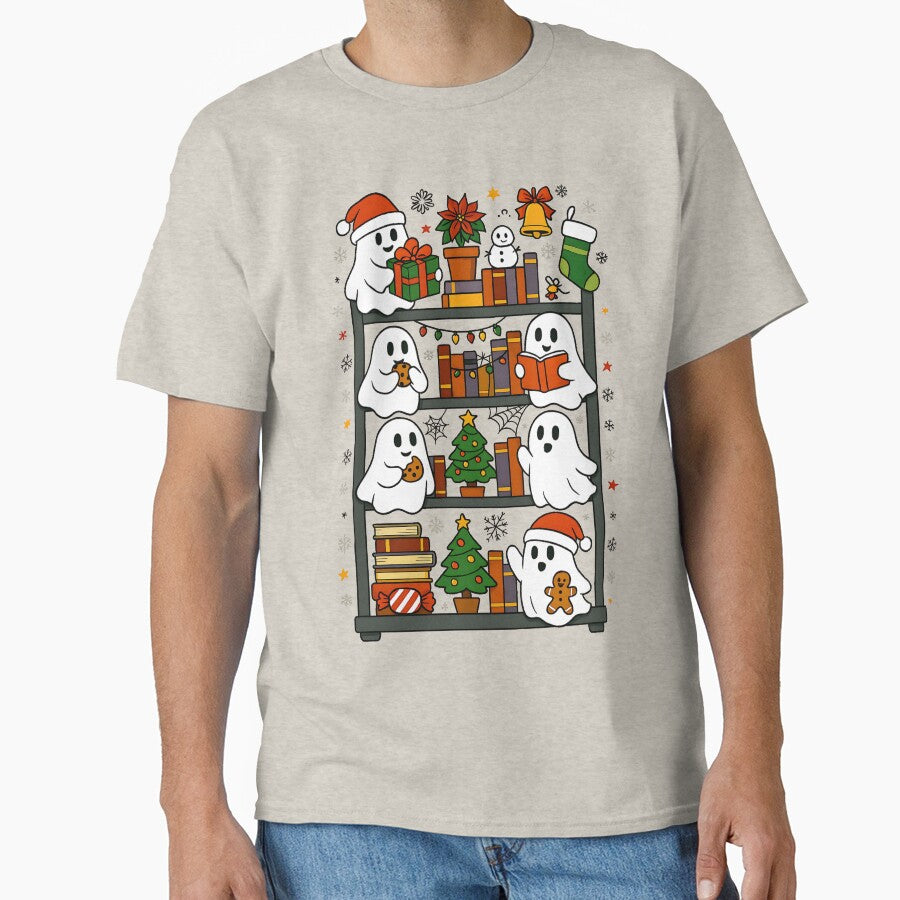 Christmas Ghosts Reading Books – Cute Librarian Holiday Bookshelf Classic T-Shirt by Shivartdesign36