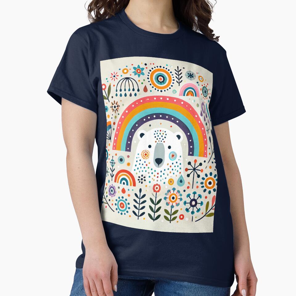 Happy Polar Bear with Rainbow and Flowers - Scandinavian Folk Art by heidiannemorris © by FOLK ART FUSION