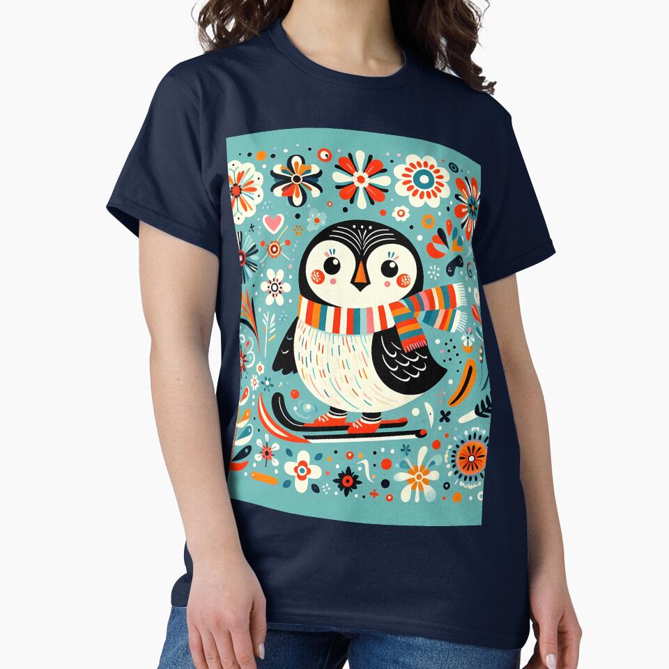 Scandinavian Folk Art Penguin – Teal, Red, Playful Winter by heidiannemorris by FOLK ART FUSION