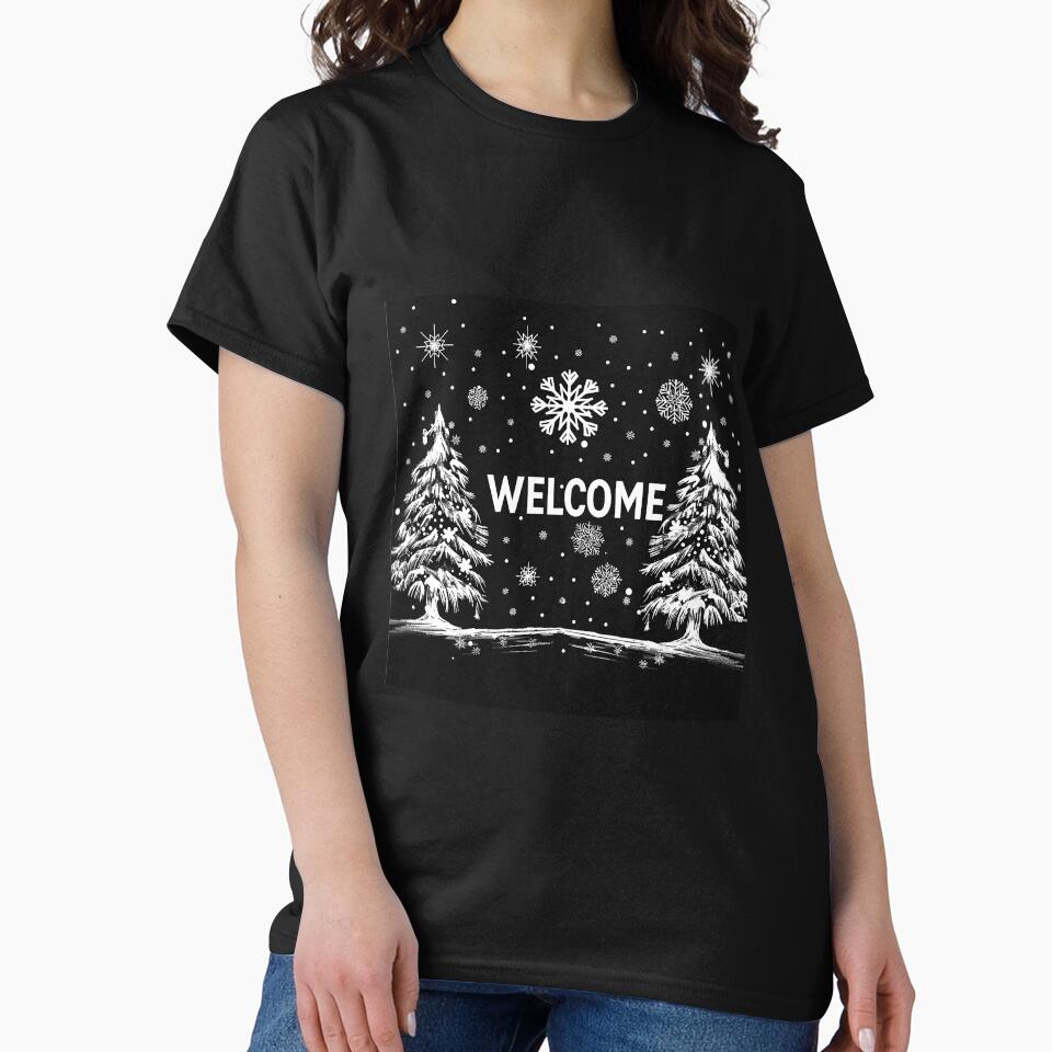 Welcome Winter Snowy Pine Trees – Black and White Holiday Art by inkoutninja