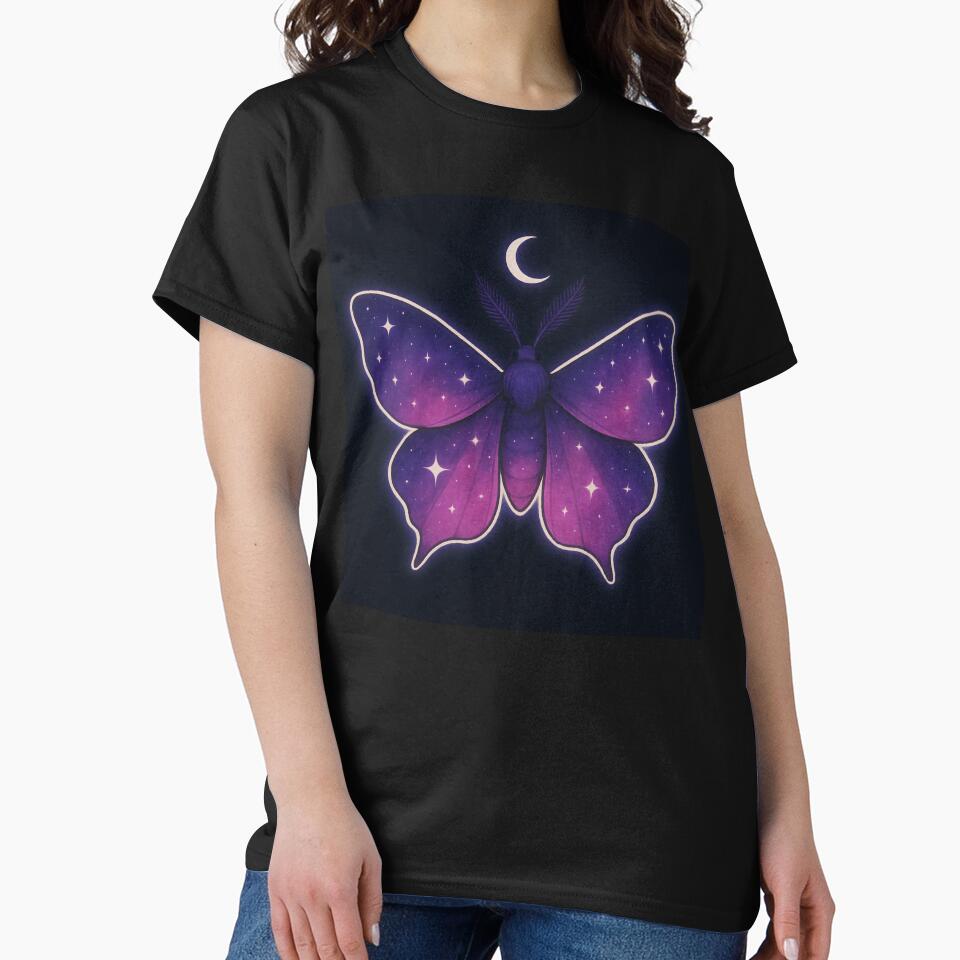Celestial Purple Moth Under Crescent Moon – Cosmic Night Sky Illustration by Zee's Whimsical Wonders
