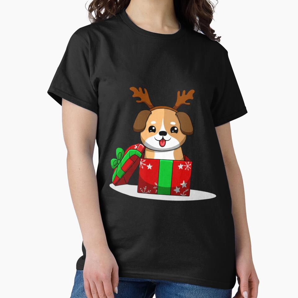 Chibi Dog in Christmas Gift Box – Cute Kawaii Funny Reindeer Antlers Cartoon Design by ColorSplash123