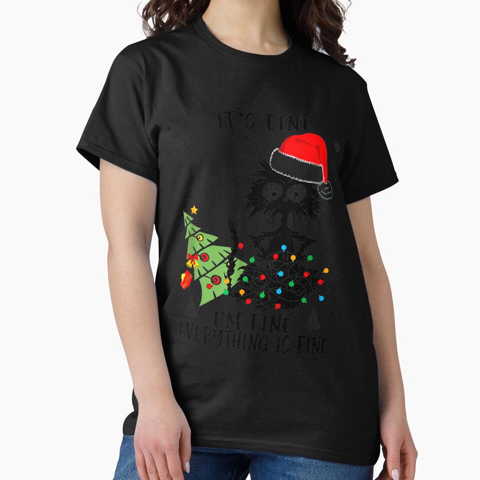 Itu2019s Fine Everything is Fine Christmas Light Black Cat Gift by TGMerwin