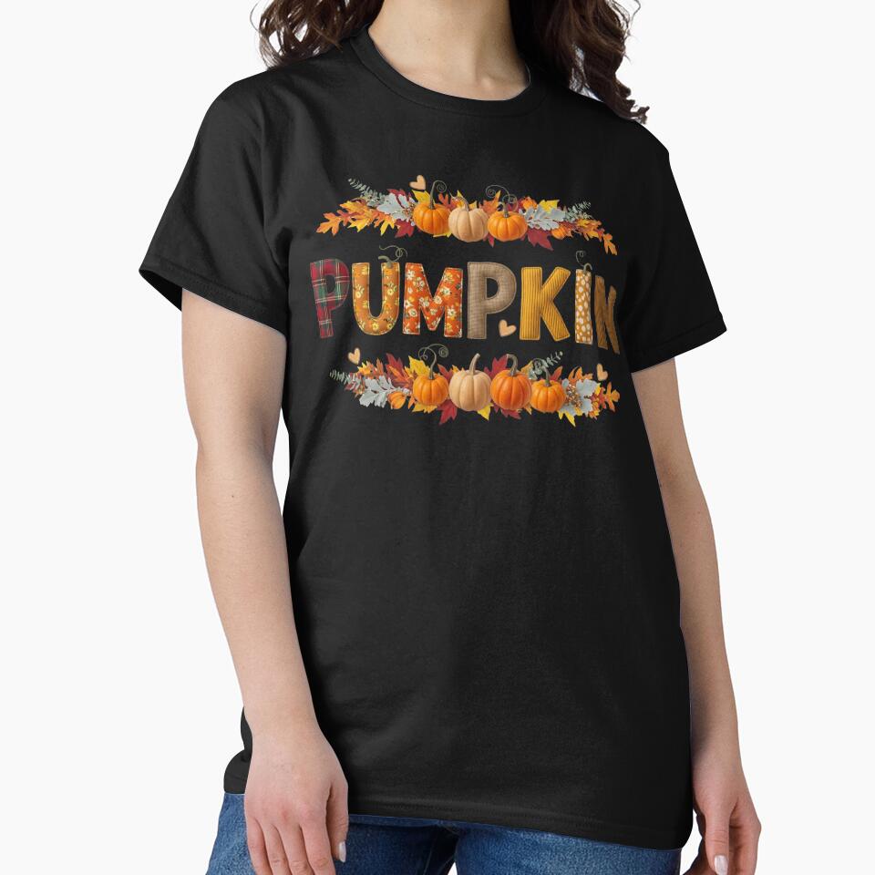 Patchwork Pumpkin Fall Leaves T-Shirt by CottonCandyPrints