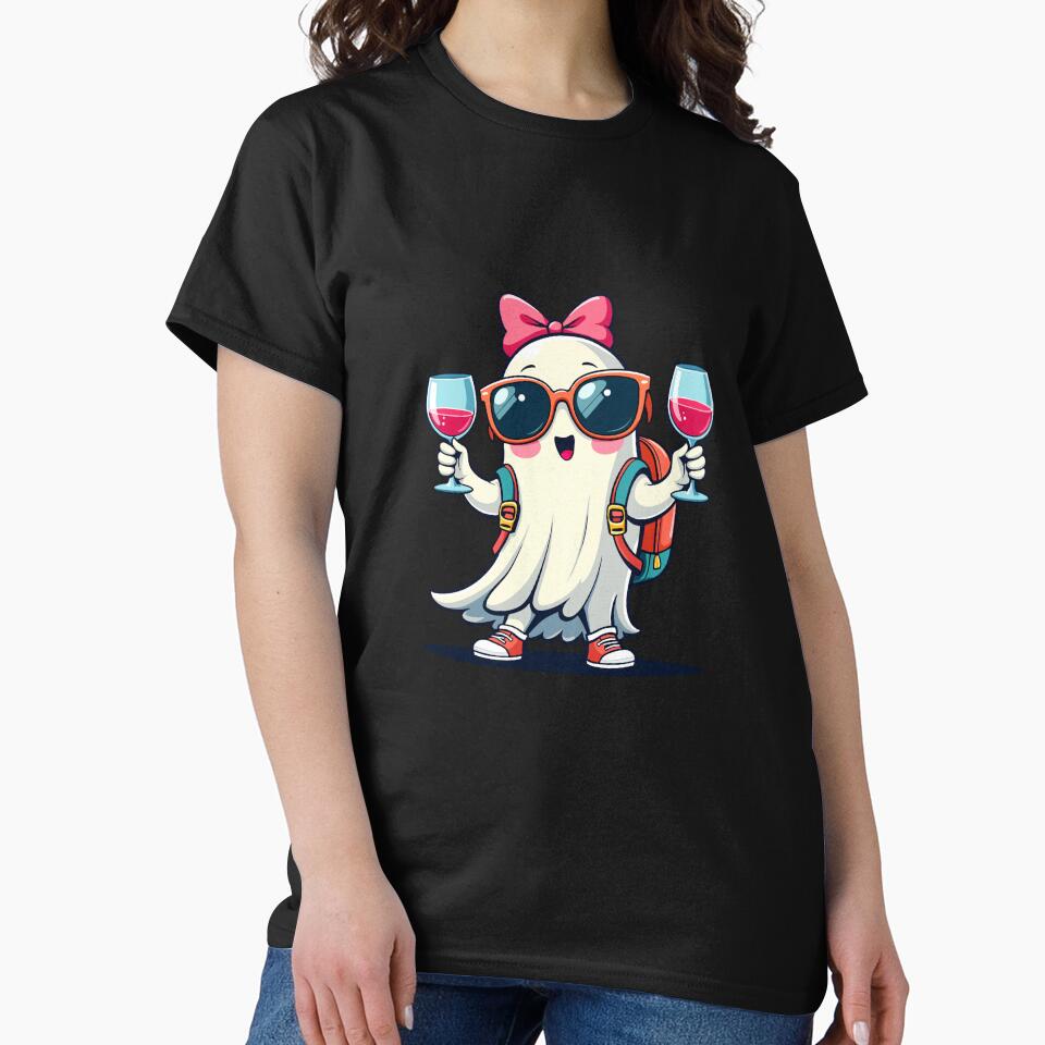 Cute Ghost Holding Champagne Glasses – Fun & Festive Design by PixelCraftBD