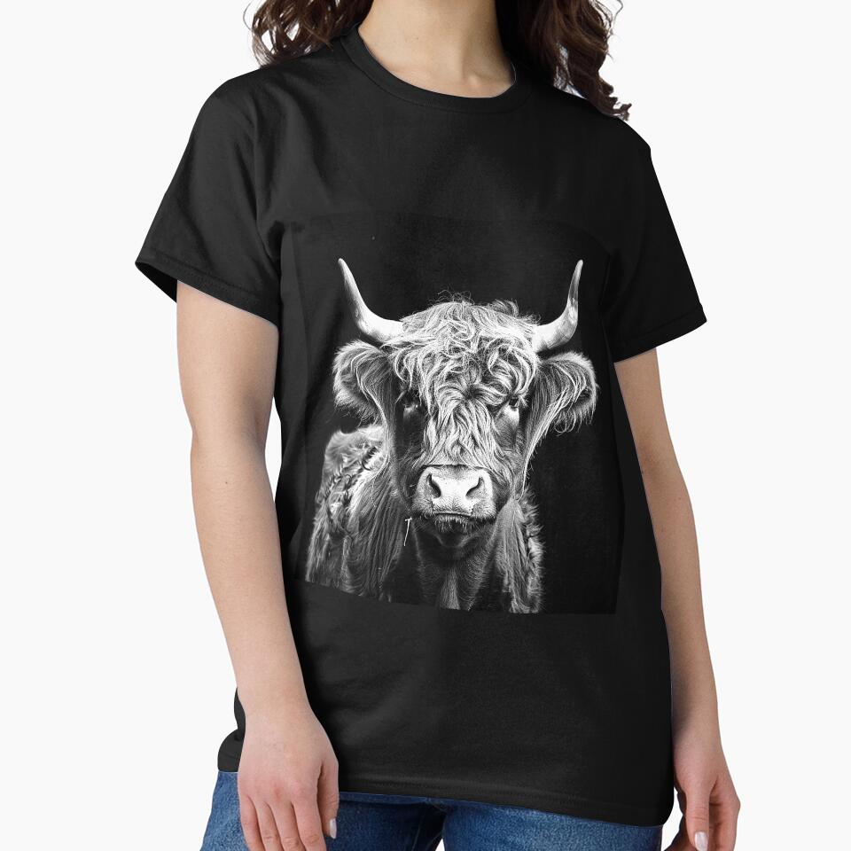 Highland Cow Portrait – Black and White Rustic Farm Animal Art by inkoutninja