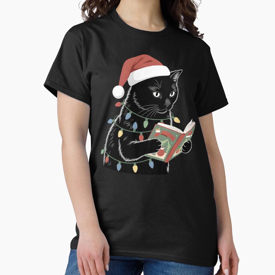 Black Cat Reading Book Lover Christmas Lights Bookworm by clothesy7