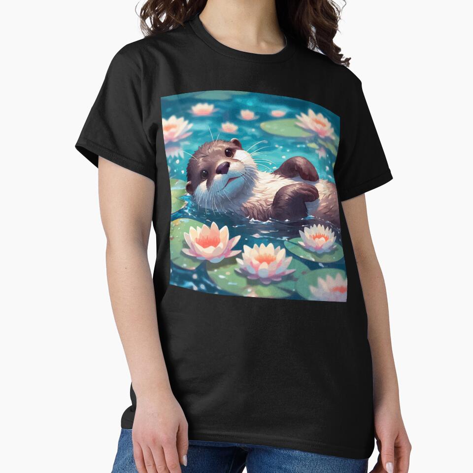 Kawaii Anime Otter Swimming With Water Lily by TomFrontierArt