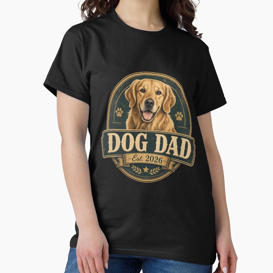 Dog Dad Est 2026 Golden Retriever Vintage Badge T-Shirt by Ashley critters