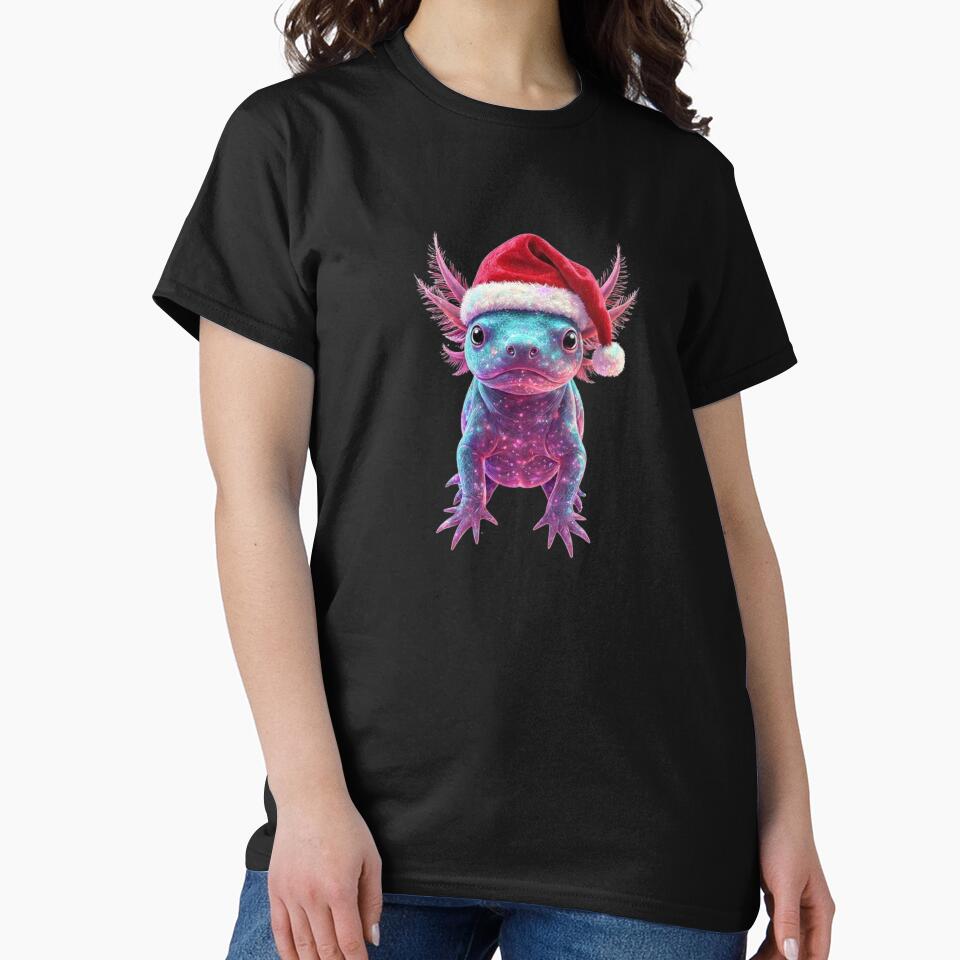 Glowing Axolotl Christmas Art – Neon Gills, Santa Hat & Holographic Snowflakes by MadeByACJ