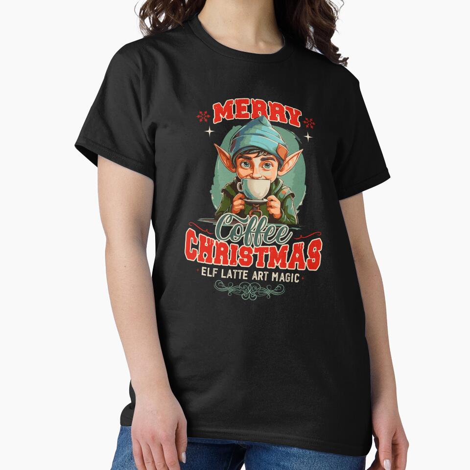 Elf Coffee Tee, Merry Coffee Christmas 2023 by DAMOTAmagazine