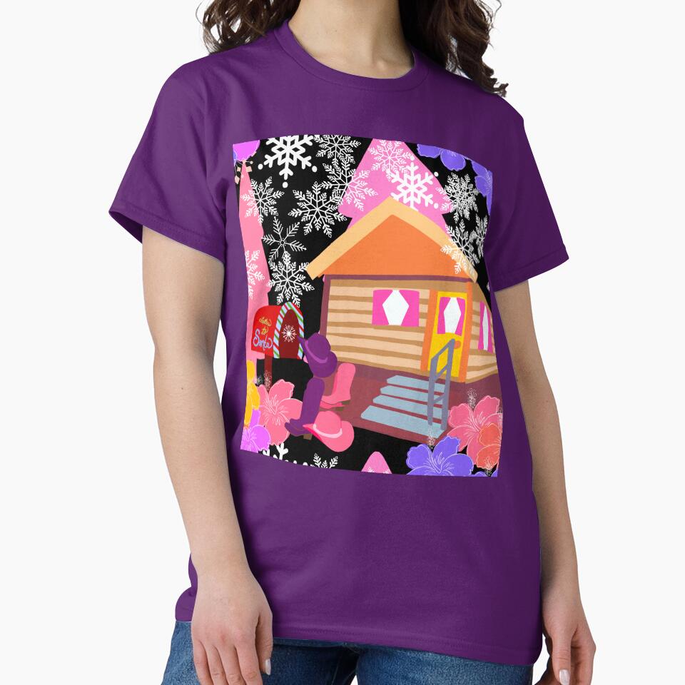 Hand Drawn Christmas Cabin with Tropical Flowers + Cowgirl hats, Cowgirl boots, Trees by Victoria Rose