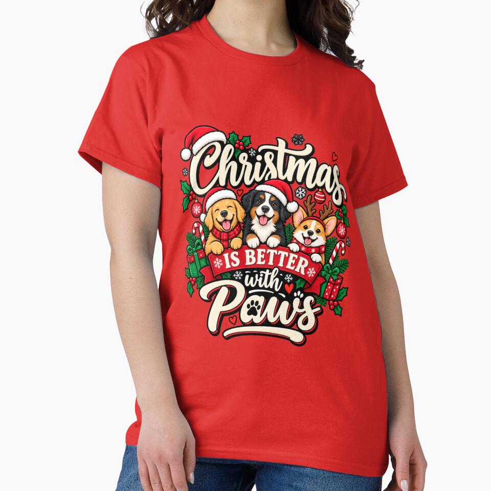 Christmas Is Better With Paws | Cute Christmas Dogs Santa Hat Holiday Shirt by Craftev