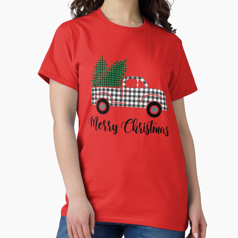 Merry Christmas White Buffalo Plaid Truck Green Plaid Xmas Trees by Rabbitti