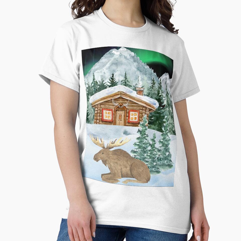 Scandinavian Log Cabin & Moose Under Northern Lights | Cozy Nordic Winter Snow Landscape Design by PureHopeStudio