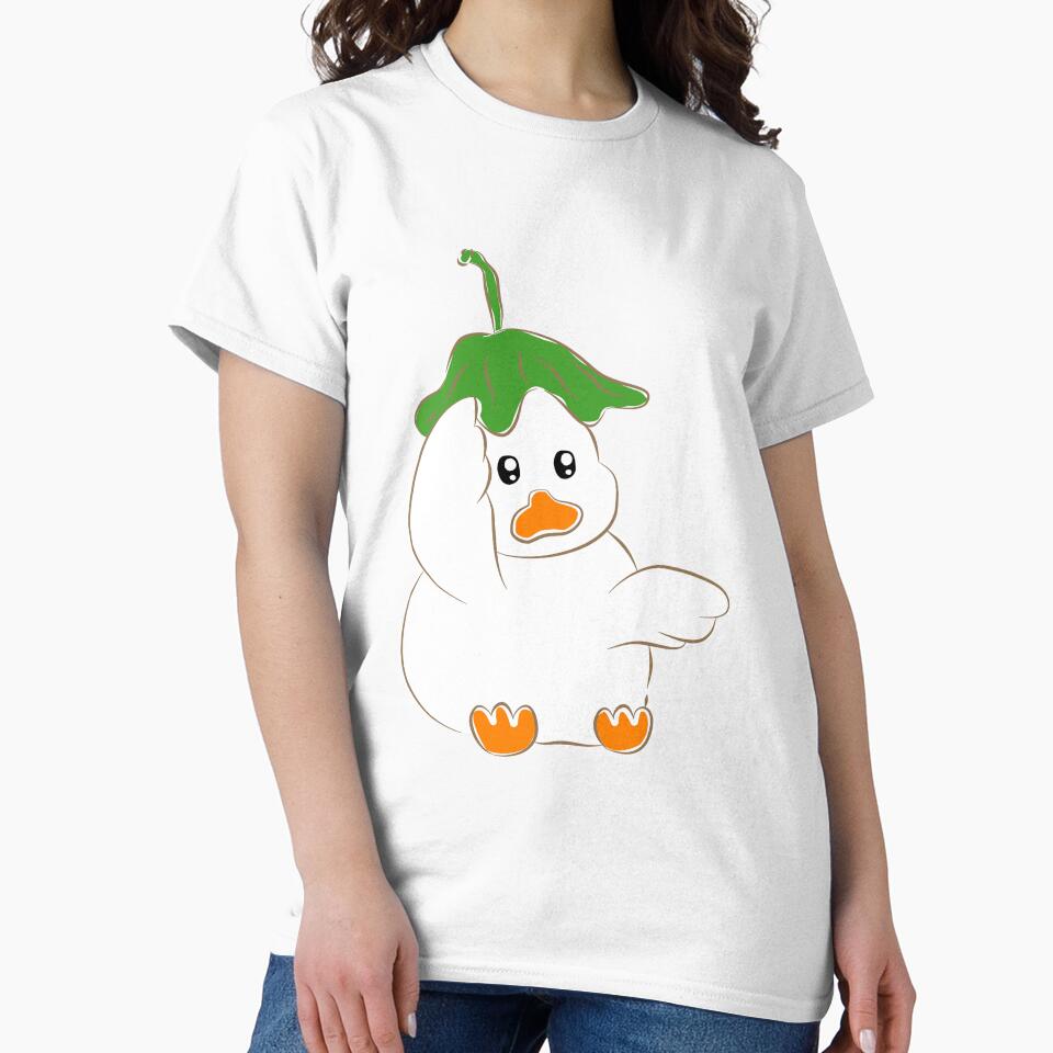 Cute white duck character wearing green leaf hat by Pe.peach