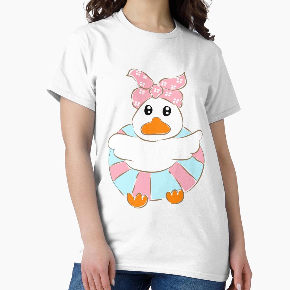 White duck wearing pink floral swim float vector by Pe.peach