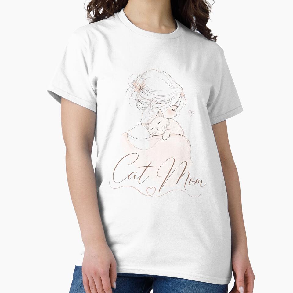 Minimalist Emotional Cat Mom Line Art Kawaii T-Shirt by Ashley critters