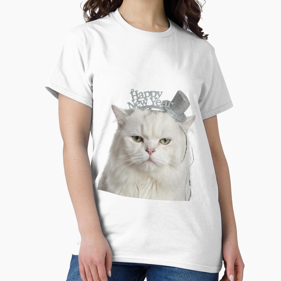 Grumpy White Cat Happy New Year | Funny Sarcastic Pet Art by Rosuma Designs