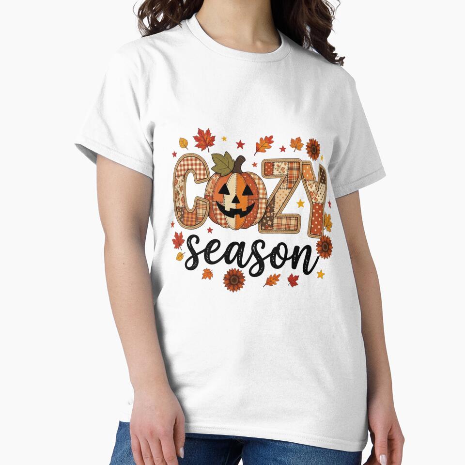 Cozy Season Patchwork Pumpkin Fall Autumn Leaves Retro Typography Graphic by raedattia