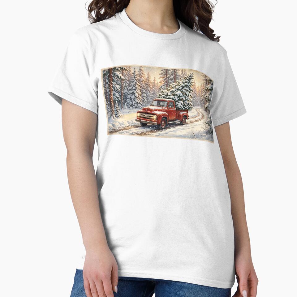 Vintage Red Truck Christmas Tree Delivery in Snowy Forest by larbimalki