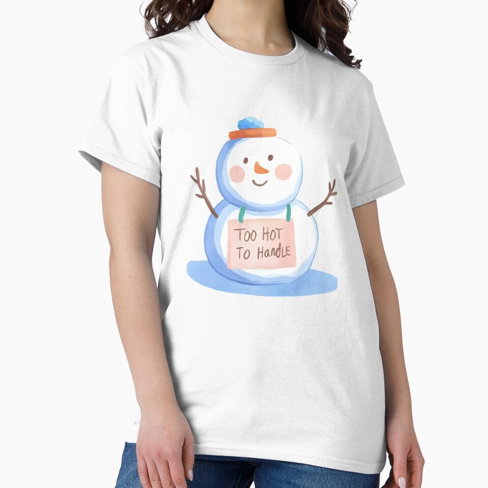 A melting snowman with a silly face and a sign that says “Too Hot To Handle”, cute and funny sticker, cartoon style, transparent background, bold outline by Palmate-m