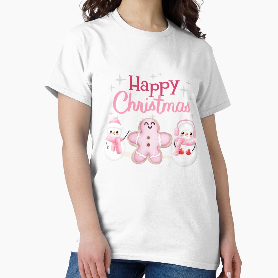 Merry Christmas in pink. Snowmen and gingerbread cookie in pastel pink, the perfect Christmas trio by FreeSoulLab