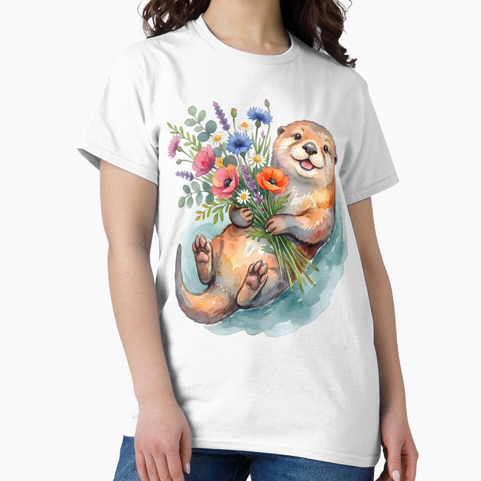 Joyful Watercolor Otter Holding a Bouquet of Wildflowers by Discount code