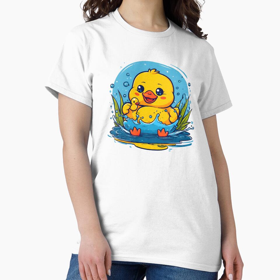 Cute Kawaii Duck Splashing with Rubber Duck Toy T-Shirt – Adorable Baby Duck Pond Design by Eytha