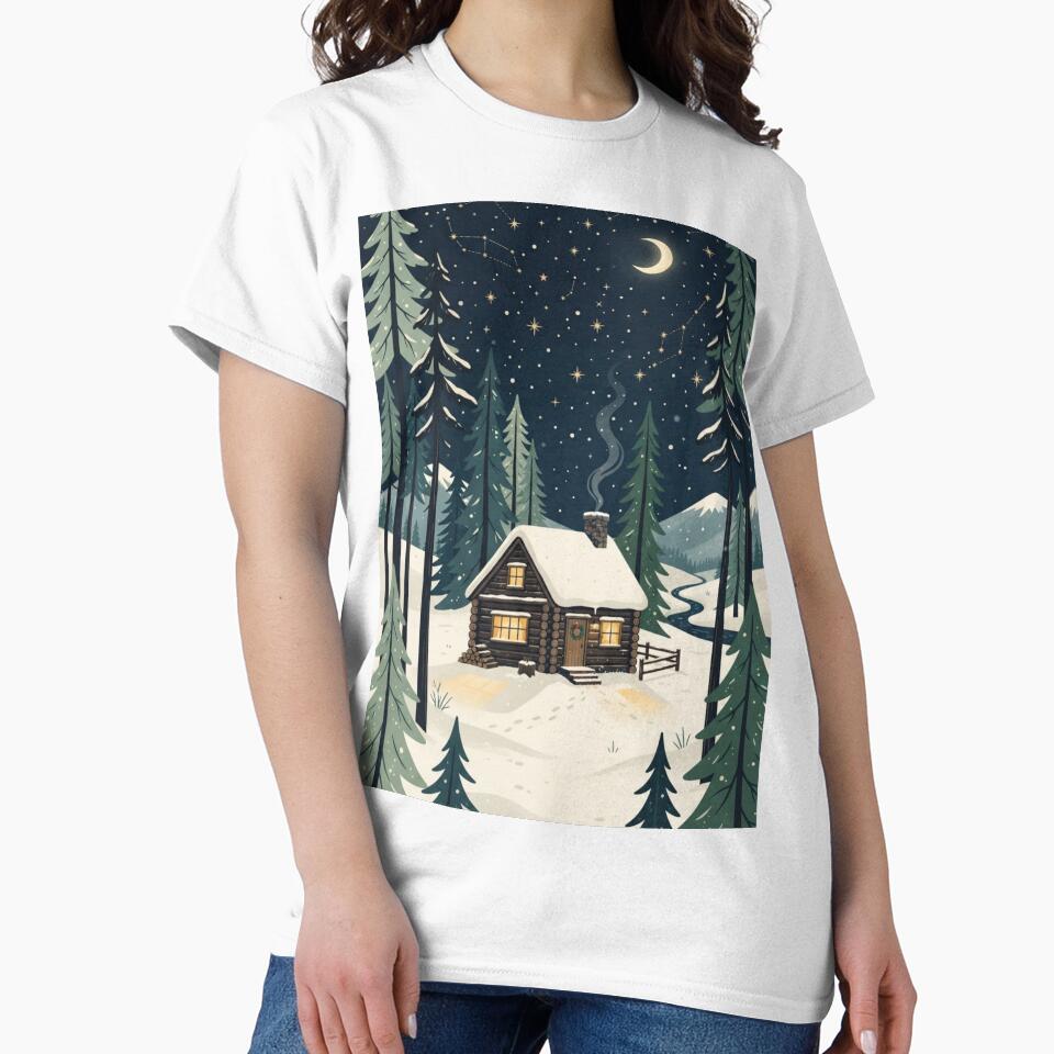 Cozy Winter Cabin in Snowy Pine Forest Scandinavian Hygge winter Art by KreatoLab