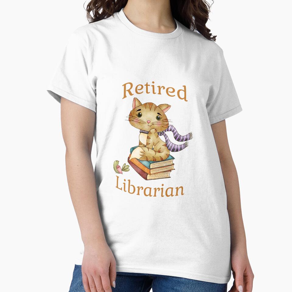 Retired Librarian, Cute Cat, Bird, Books by Lavender Mint Graphics