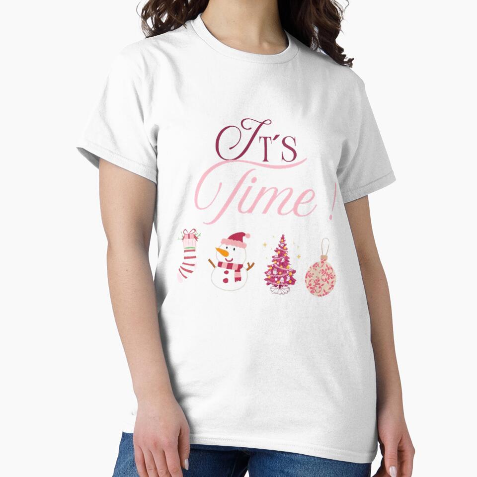 It's Time! Pink Christmas Design | Aesthetic Pink & Maroon Holiday Cheer | Cute Snowman & Tree by bloompprint