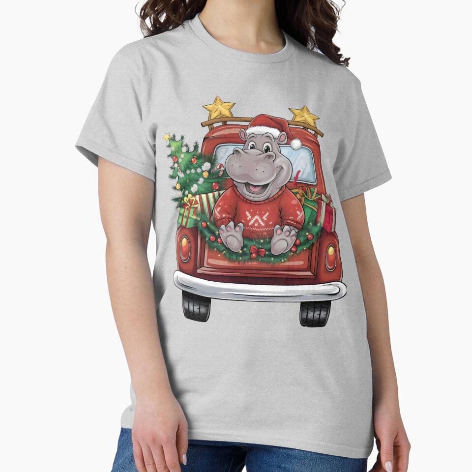 Festive Christmas Hippo in Santa Hat on Holiday Truck - christmas red truck by Pastel-Pulse